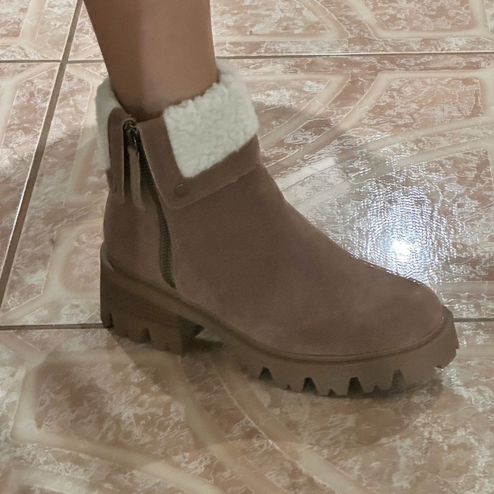 JustFab Tan Heeled Boots with Cream Fur Trim - Picture 11 of 13